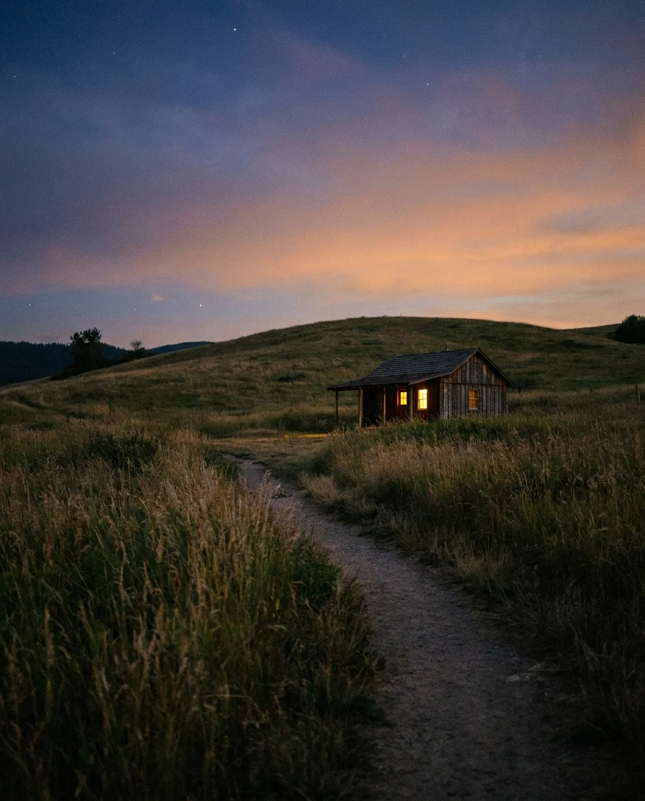 Twilight meadow path leading to a warm-lit wooden cabin