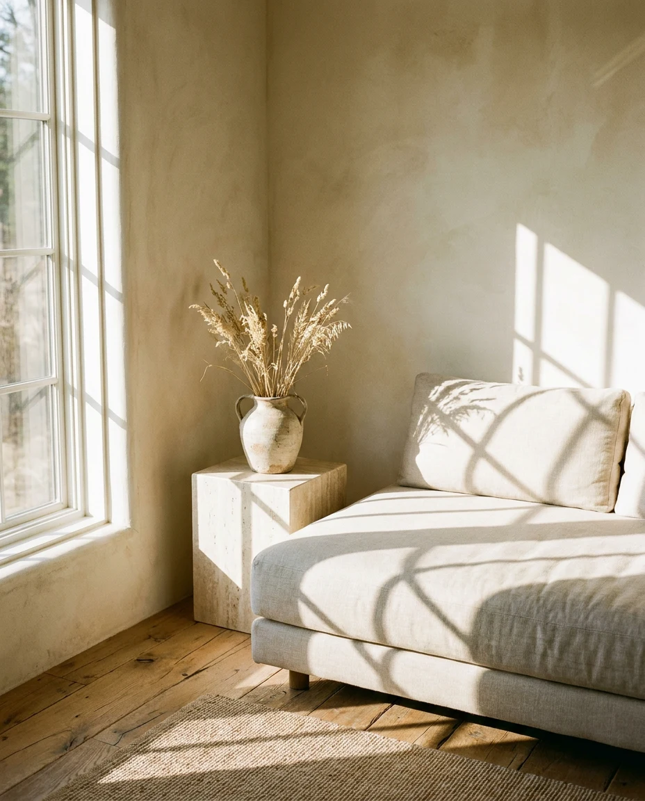 Sunlit interior with oatmeal linen daybed and travertine block